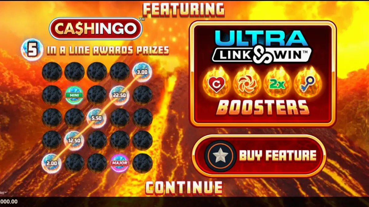 Eruption Blaze Cashingo slot machine interface with volcanic background