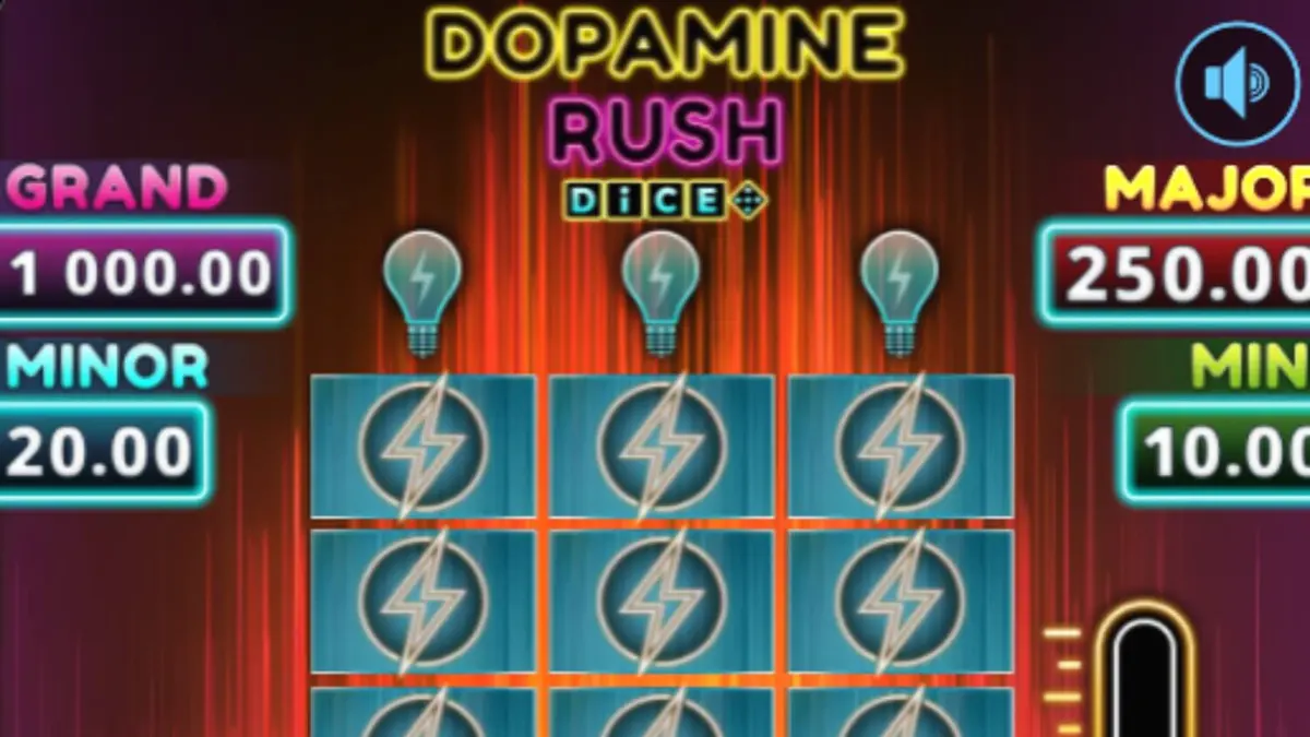 Tampilan visual neon yang memukau dari slot Dopamine Rush Dice